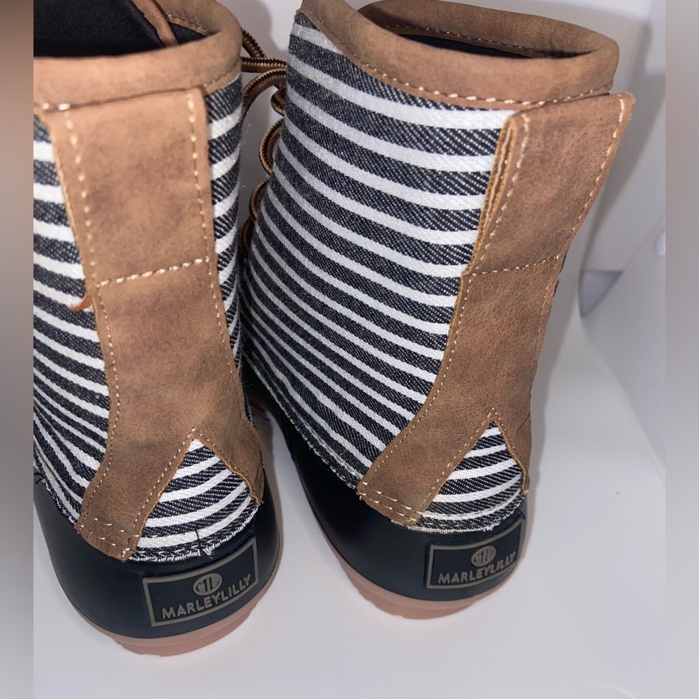 MARLEYLILLY~Navy/white/tan ticking fabric duck boots~Women’s size 10~EUC - Picture 2 of 7